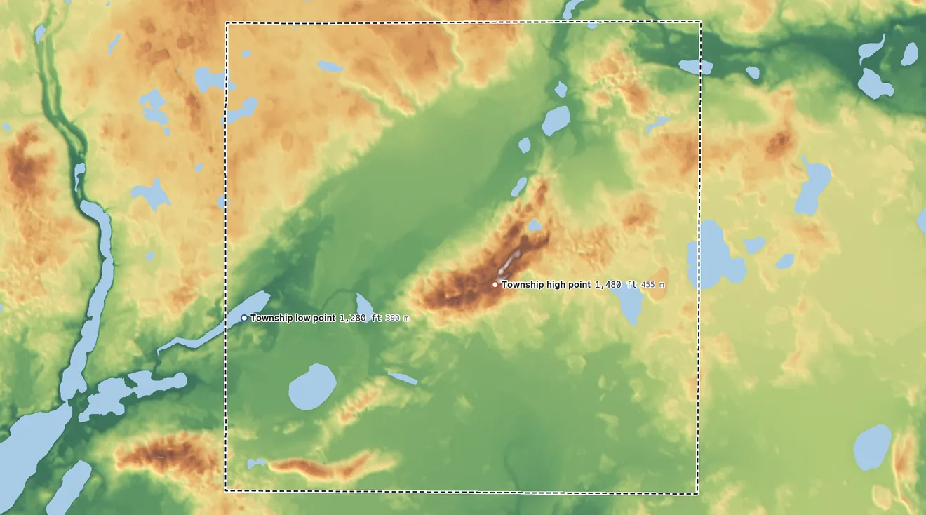 Topographic elevation map of Beulah Township, Minnesota, shaded from 1,280 ft on the southwest side to 1,480 ft on the southeast side