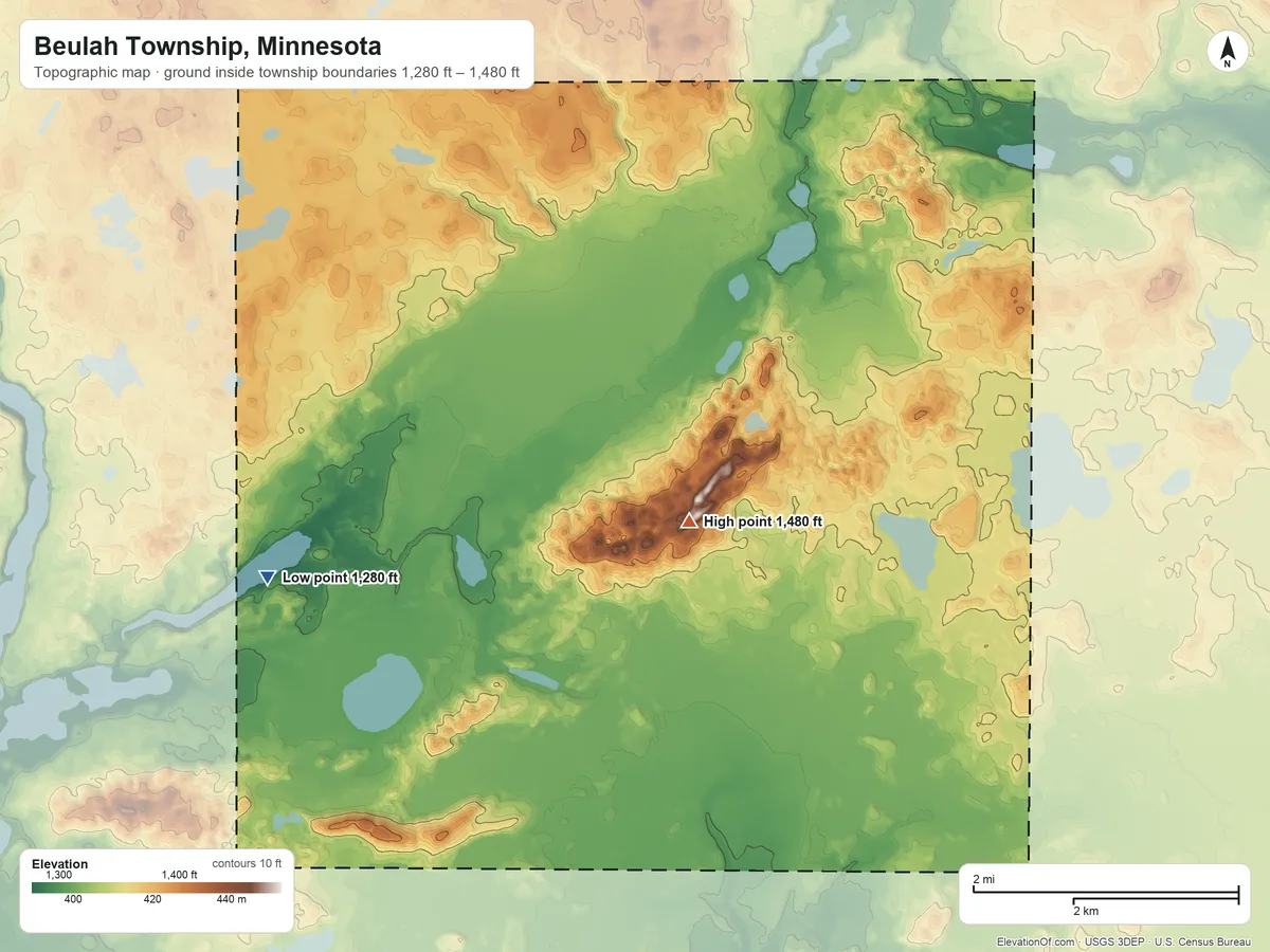Topographic elevation map of Beulah Township, Minnesota, shaded from 1,280 ft on the southwest side to 1,480 ft on the southeast side