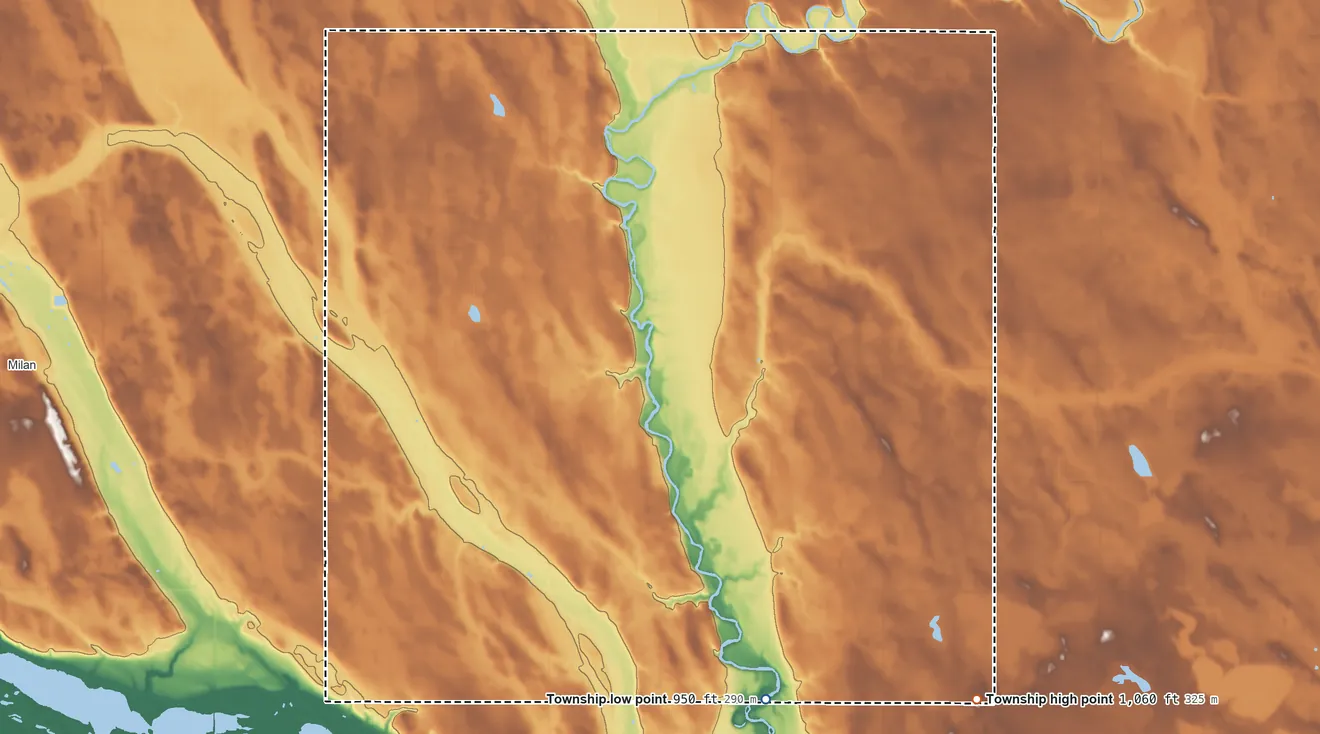 Topographic elevation map of Big Bend Township, Minnesota, shaded from 950 ft on the south side to 1,060 ft on the southeast side