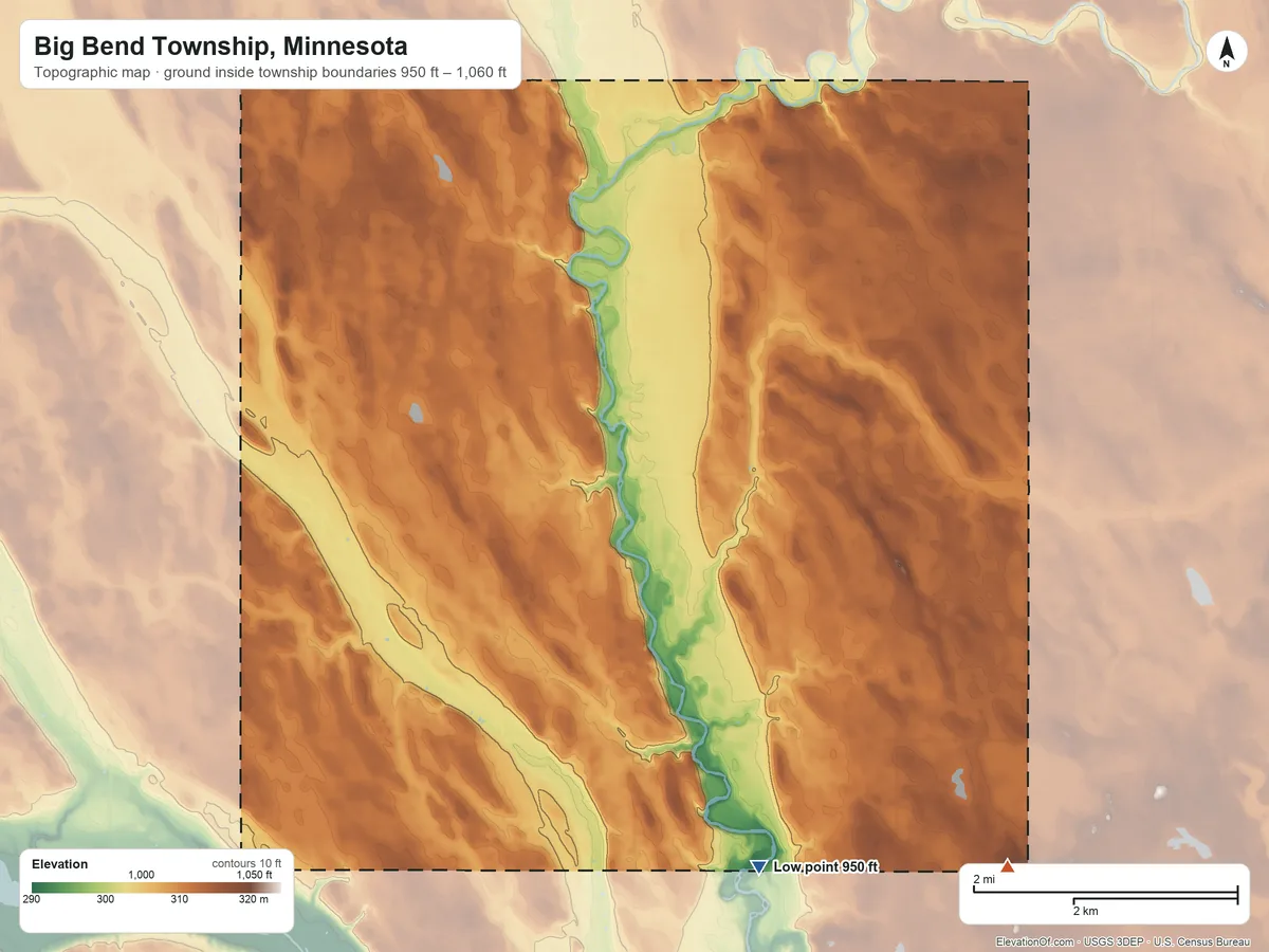 Topographic elevation map of Big Bend Township, Minnesota, shaded from 950 ft on the south side to 1,060 ft on the southeast side