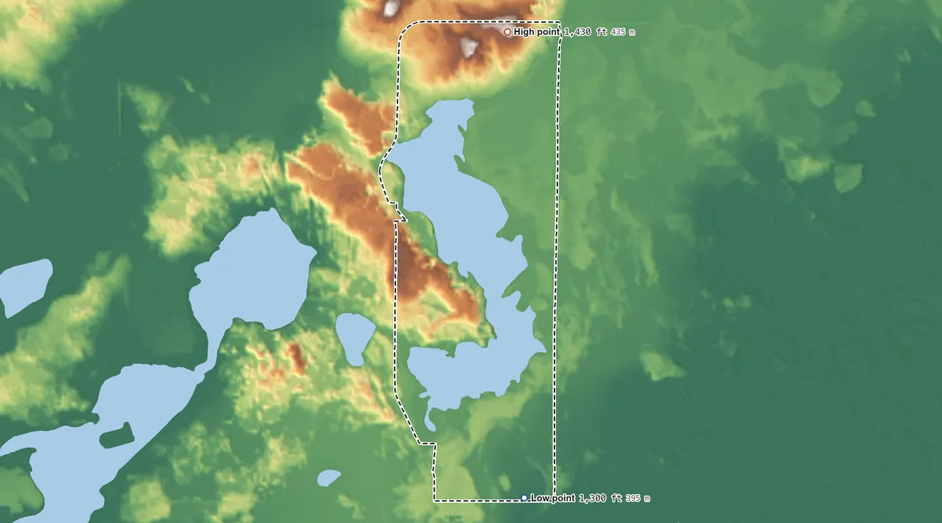 Topographic elevation map of Big Lake, Carlton County, Minnesota, shaded from 1,300 ft on the south side to 1,430 ft on the north side