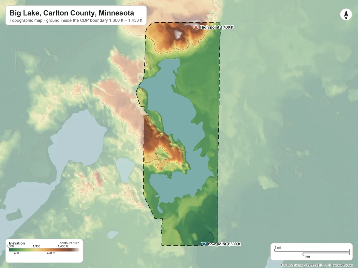 Topographic elevation map of Big Lake, Carlton County, Minnesota, shaded from 1,300 ft on the south side to 1,430 ft on the north side