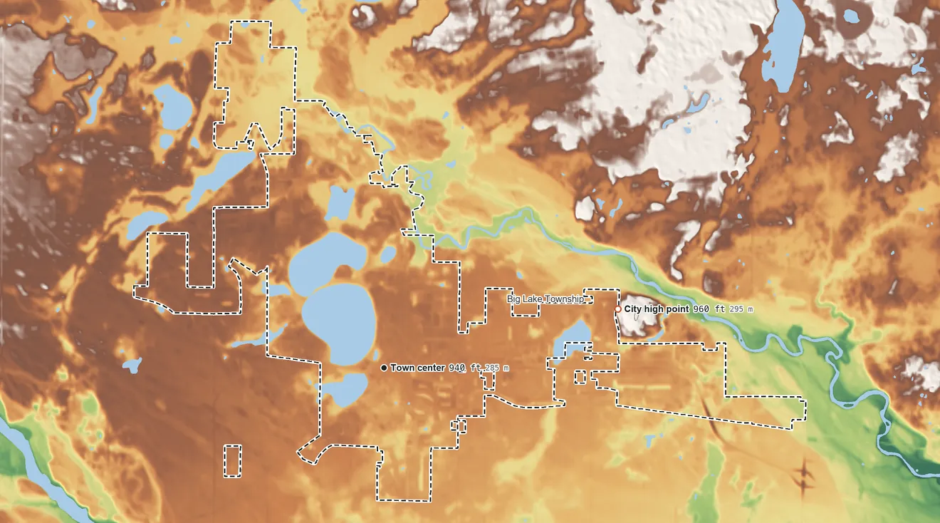 Topographic elevation map of Big Lake, Minnesota, shaded from 900 ft on the south side to 960 ft on the east side