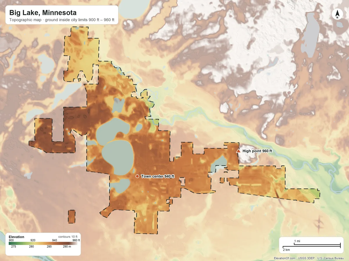 Topographic elevation map of Big Lake, Minnesota, shaded from 900 ft on the south side to 960 ft on the east side