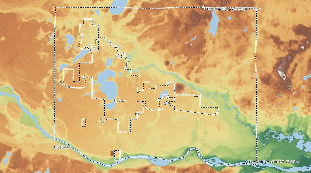 Topographic elevation map of Big Lake Township, Minnesota, shaded from 870 ft on the southeast side to 1,010 ft on the northeast side