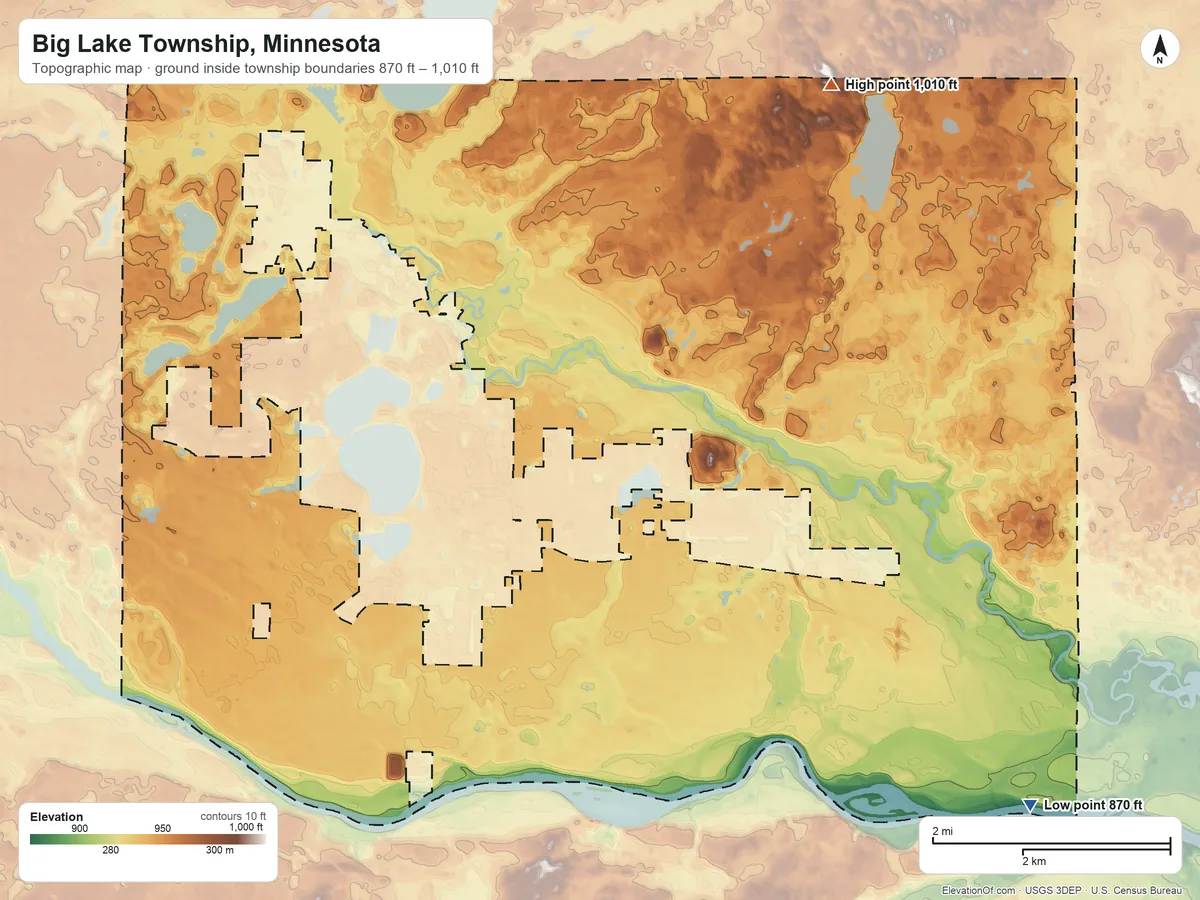 Topographic elevation map of Big Lake Township, Minnesota, shaded from 870 ft on the southeast side to 1,010 ft on the northeast side
