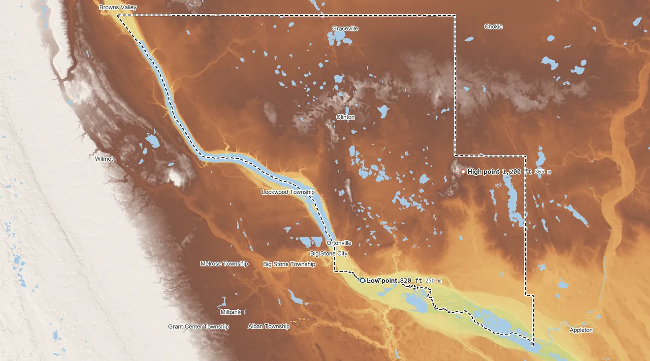 Topographic elevation map of Big Stone County, Minnesota, shaded from 820 ft on the south side to 1,200 ft on the east side