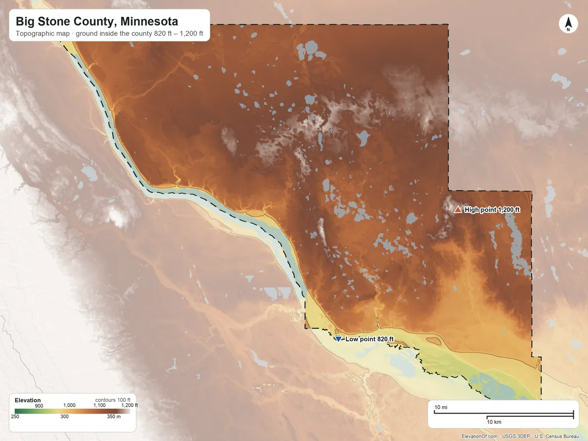 Topographic elevation map of Big Stone County, Minnesota, shaded from 820 ft on the south side to 1,200 ft on the east side