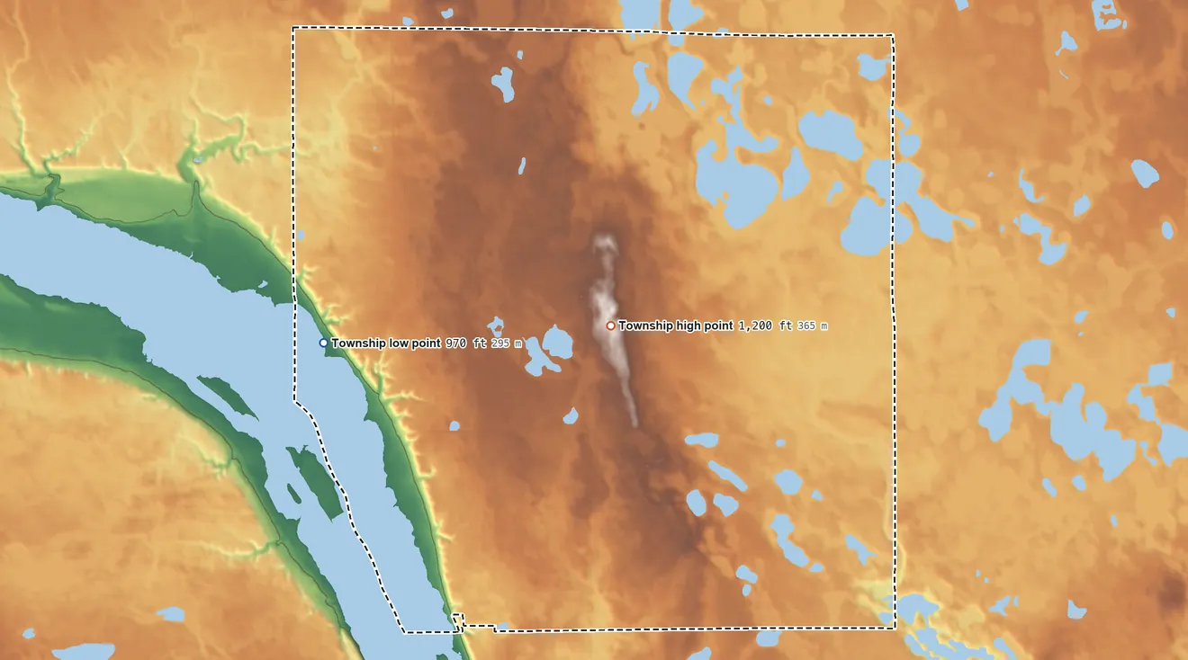Topographic elevation map of Big Stone Township, Minnesota, shaded from 970 ft on the northwest side to 1,200 ft on the northeast side