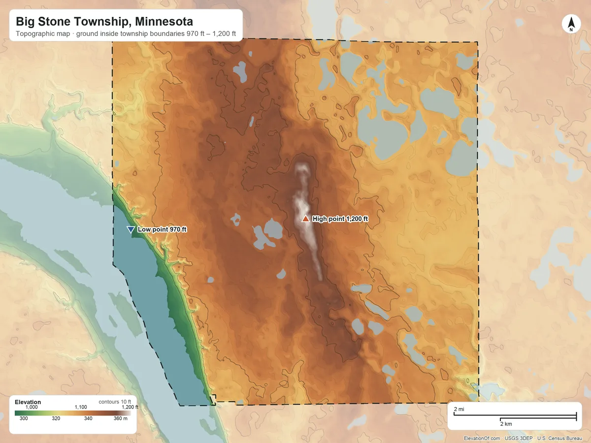 Topographic elevation map of Big Stone Township, Minnesota, shaded from 970 ft on the northwest side to 1,200 ft on the northeast side