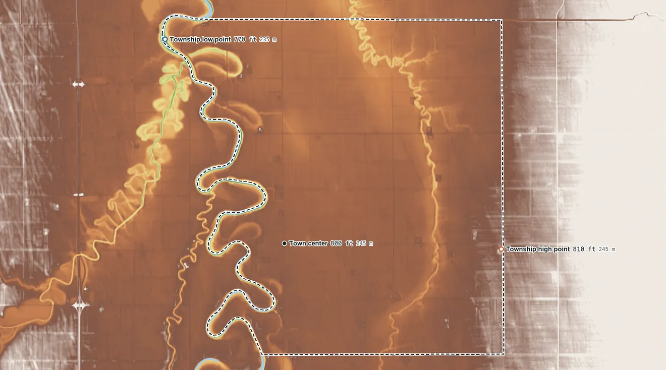 Topographic elevation map of Big Woods Township, Minnesota, shaded from 770 ft on the northwest side to 810 ft on the east side