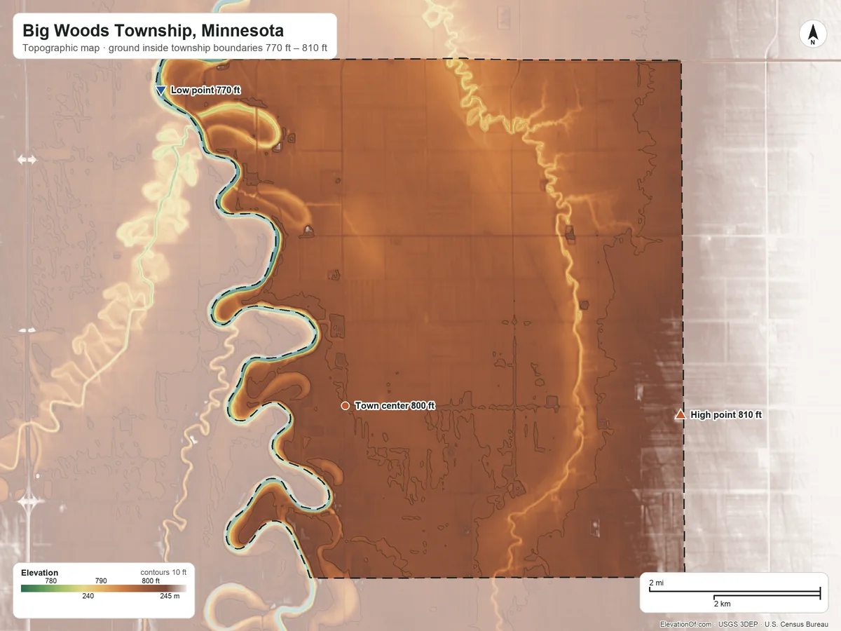 Topographic elevation map of Big Woods Township, Minnesota, shaded from 770 ft on the northwest side to 810 ft on the east side