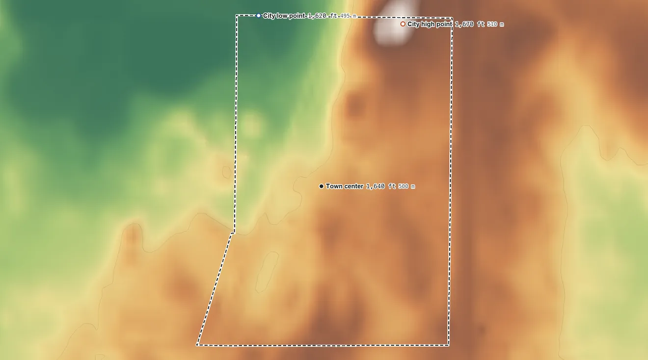 Topographic elevation map of Bigelow, Minnesota, shaded from 1,620 ft on the north side to 1,670 ft on the northeast side