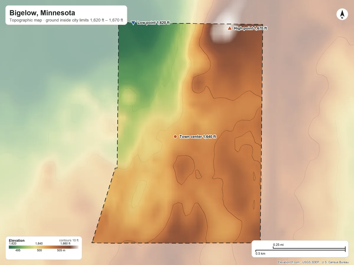Topographic elevation map of Bigelow, Minnesota, shaded from 1,620 ft on the north side to 1,670 ft on the northeast side