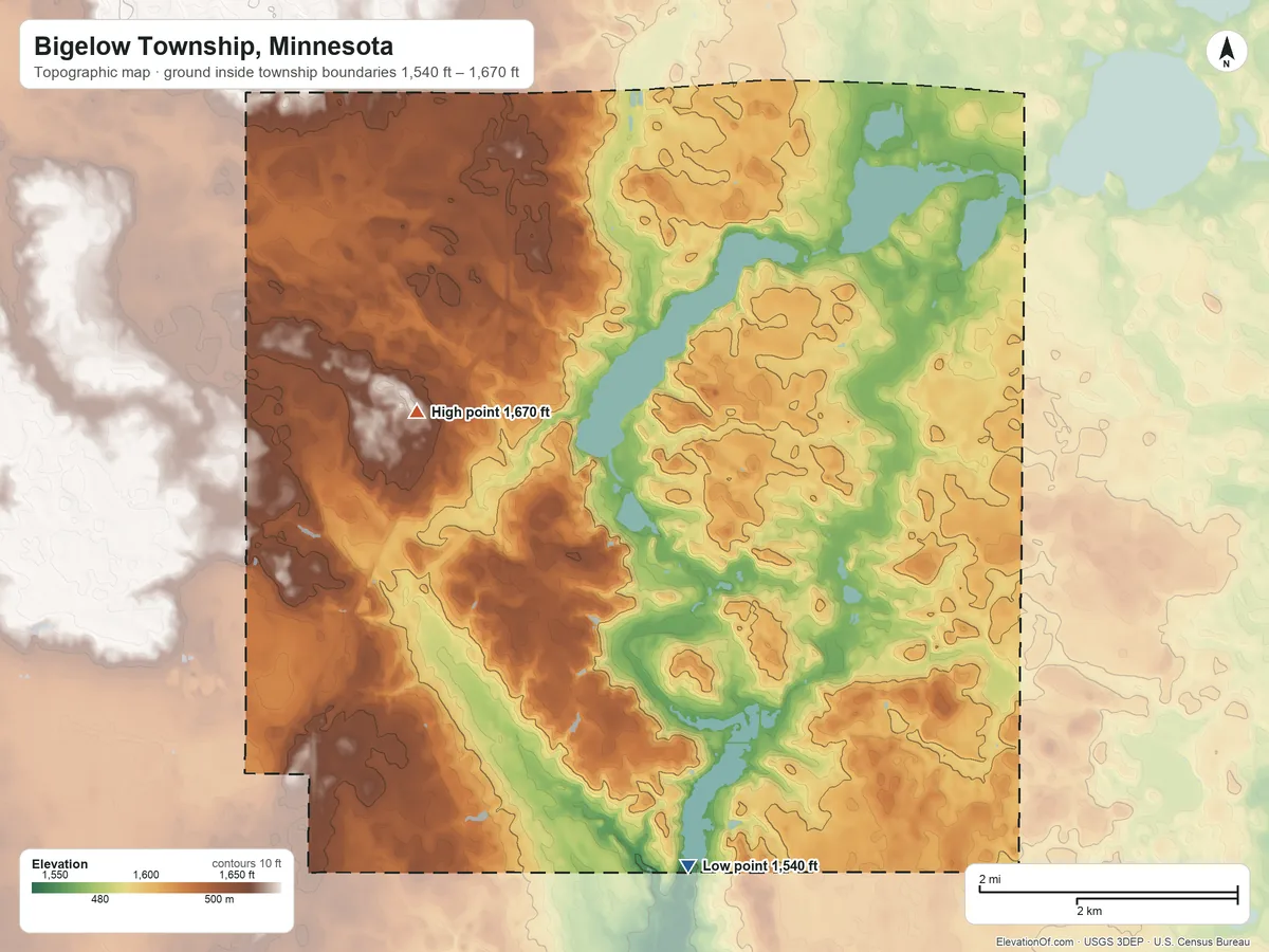 Topographic elevation map of Bigelow Township, Minnesota, shaded from 1,540 ft on the south side to 1,670 ft on the west side