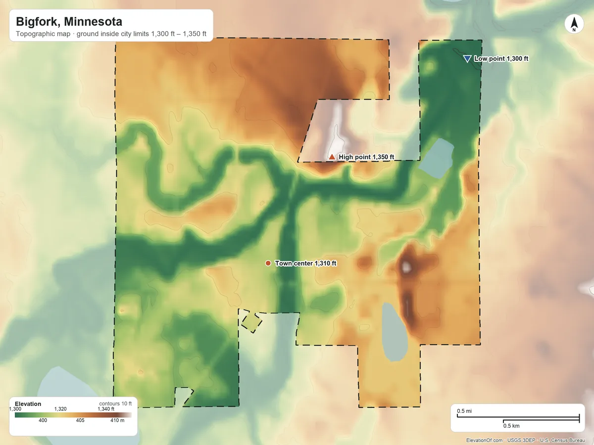 Topographic elevation map of Bigfork, Minnesota, shaded from 1,300 ft on the northeast side to 1,350 ft on the northeast side