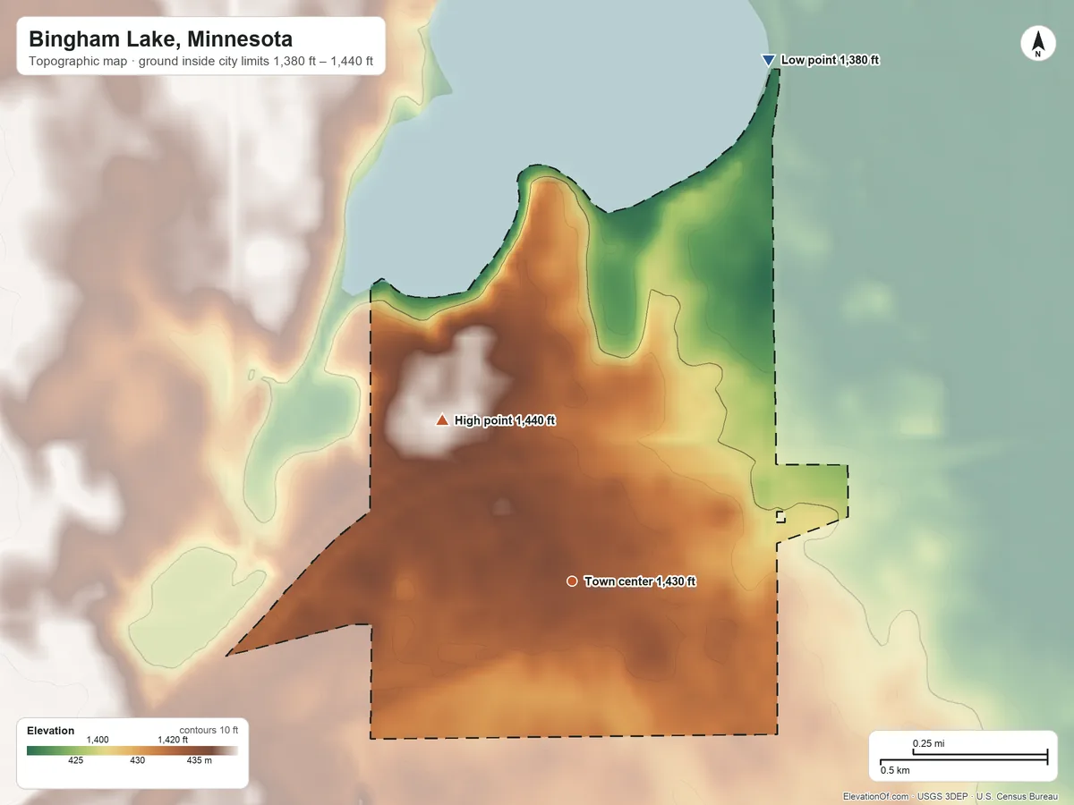 Topographic elevation map of Bingham Lake, Minnesota, shaded from 1,380 ft on the north side to 1,440 ft on the northwest side