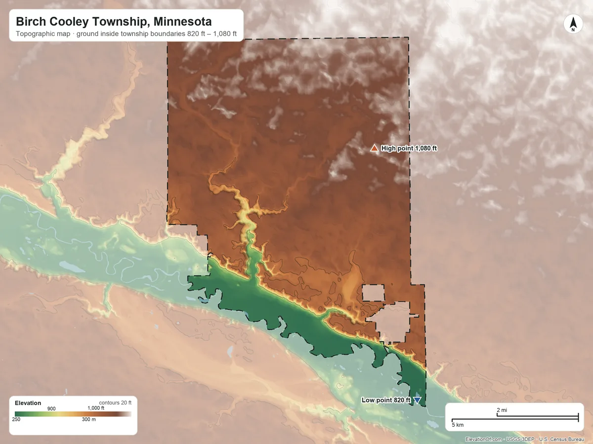Topographic elevation map of Birch Cooley Township, Minnesota, shaded from 820 ft on the southeast side to 1,080 ft on the northeast side