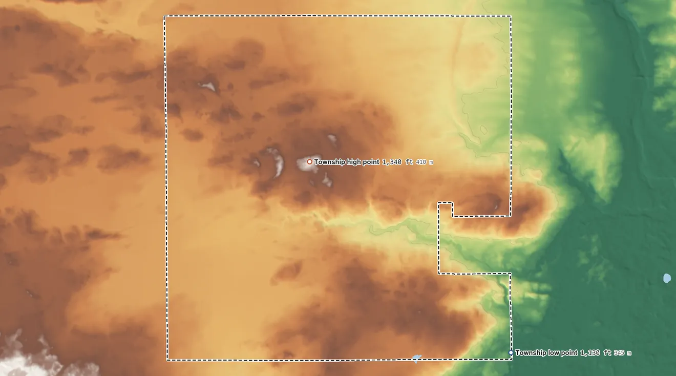 Topographic elevation map of Birch Creek Township, Minnesota, shaded from 1,130 ft on the southeast side to 1,340 ft on the west side