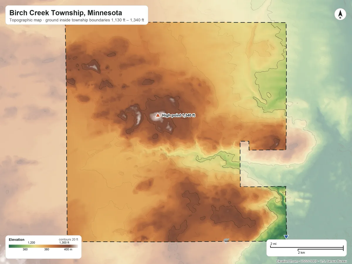 Topographic elevation map of Birch Creek Township, Minnesota, shaded from 1,130 ft on the southeast side to 1,340 ft on the west side