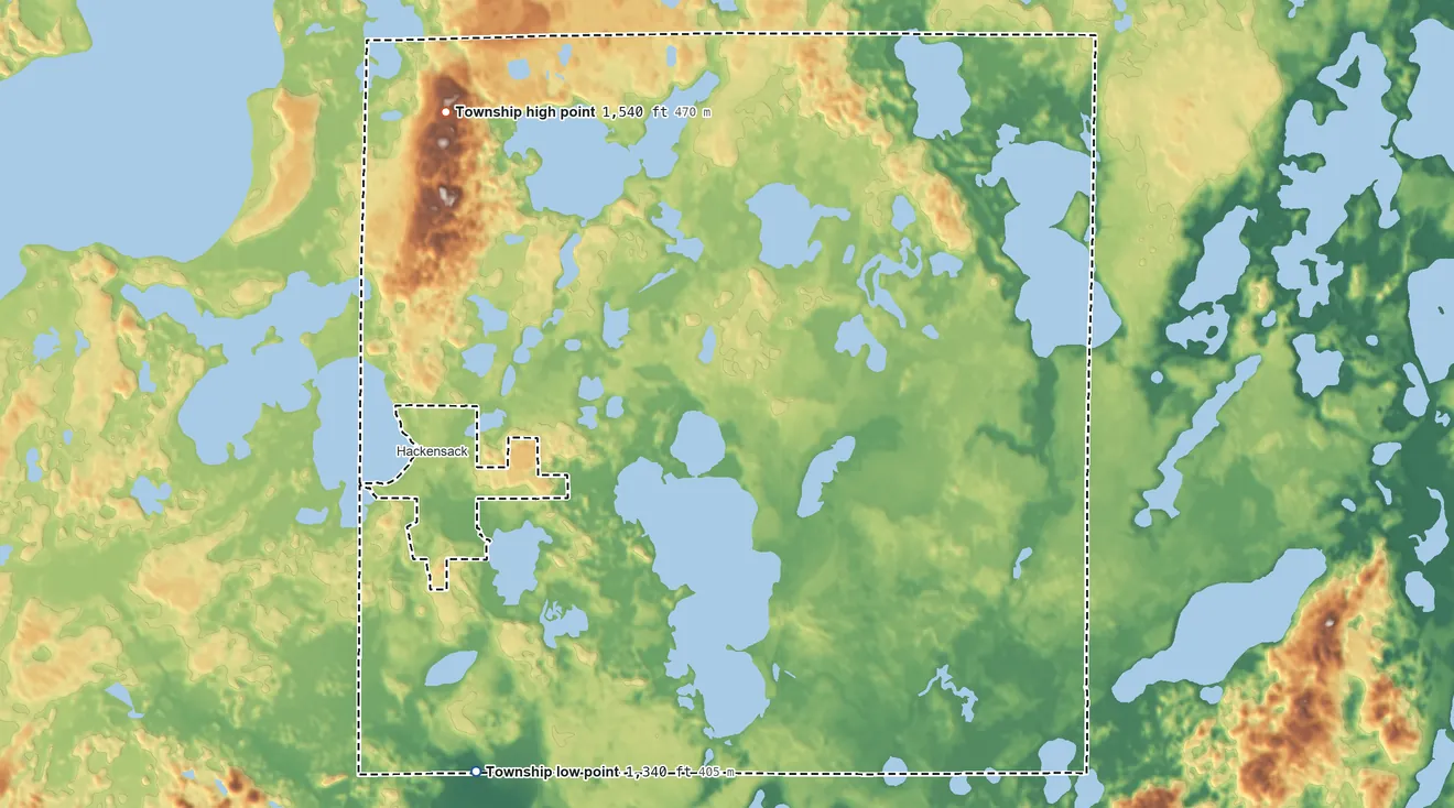 Topographic elevation map of Birch Lake Township, Minnesota, shaded from 1,340 ft on the south side to 1,540 ft on the northwest side