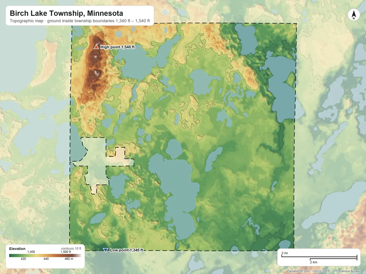 Topographic elevation map of Birch Lake Township, Minnesota, shaded from 1,340 ft on the south side to 1,540 ft on the northwest side