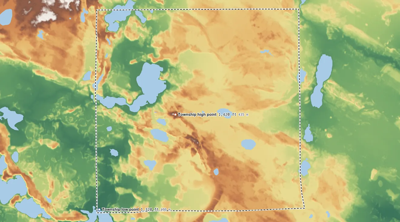 Topographic elevation map of Birch Township, Minnesota, shaded from 1,320 ft on the south side to 1,420 ft on the southeast side