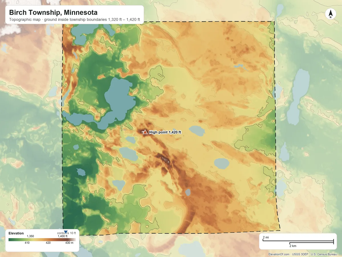 Topographic elevation map of Birch Township, Minnesota, shaded from 1,320 ft on the south side to 1,420 ft on the southeast side