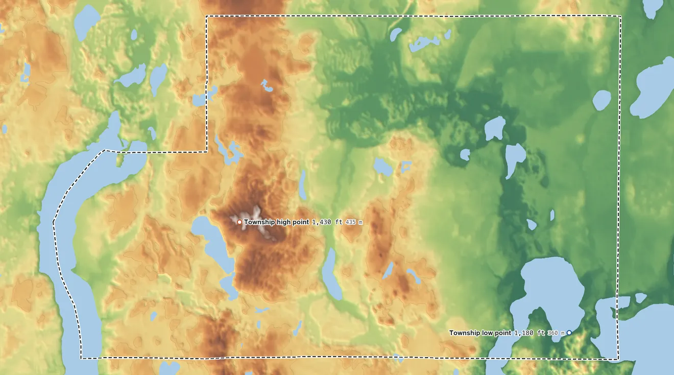 Topographic elevation map of Birchdale Township, Minnesota, shaded from 1,180 ft on the southeast side to 1,430 ft on the west side