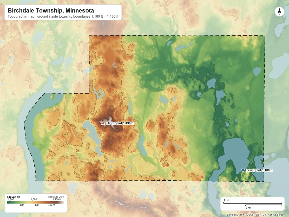 Topographic elevation map of Birchdale Township, Minnesota, shaded from 1,180 ft on the southeast side to 1,430 ft on the west side