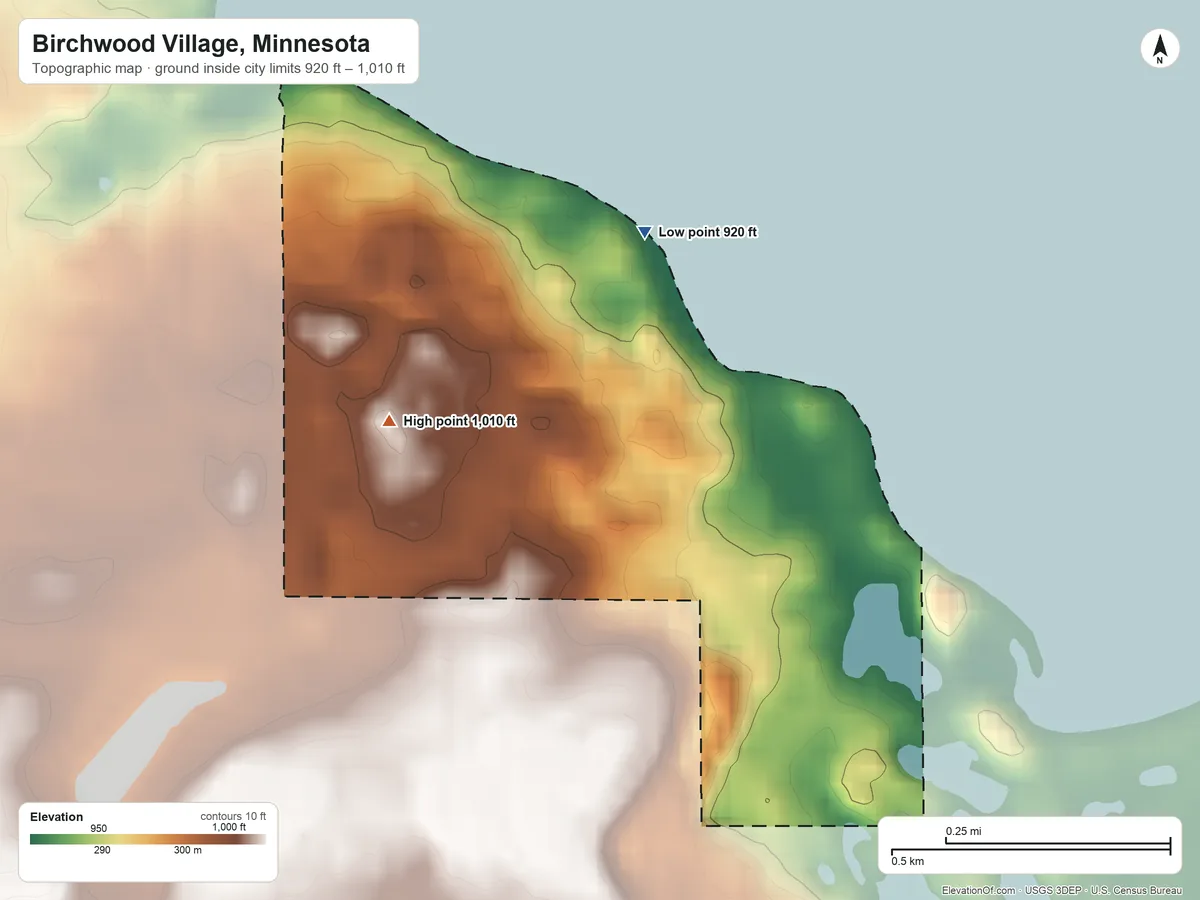 Topographic elevation map of Birchwood Village, Minnesota, shaded from 920 ft on the northeast side to 1,010 ft near the middle