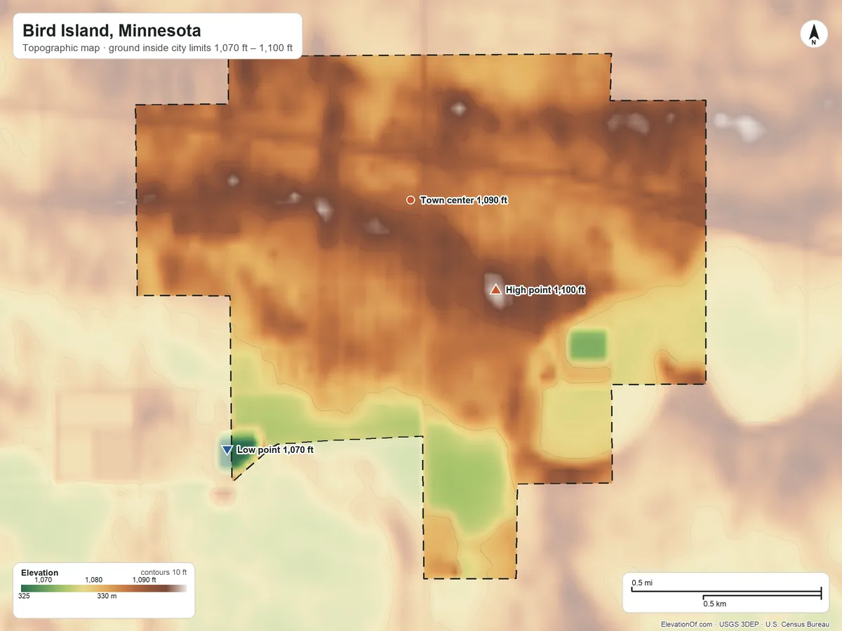 Topographic elevation map of Bird Island, Minnesota, shaded from 1,070 ft on the southwest side to 1,100 ft on the southeast side