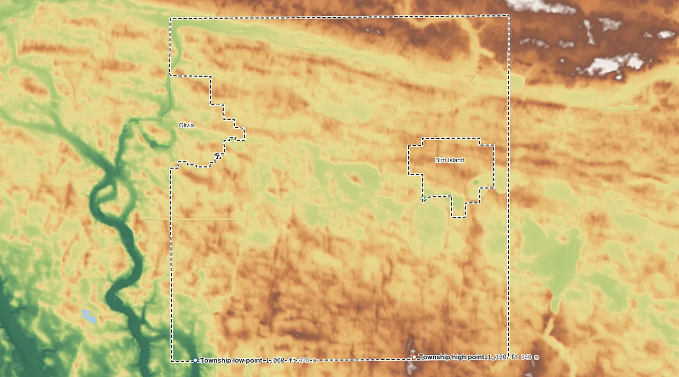Topographic elevation map of Bird Island Township, Minnesota, shaded from 1,060 ft on the southwest side to 1,120 ft on the south side