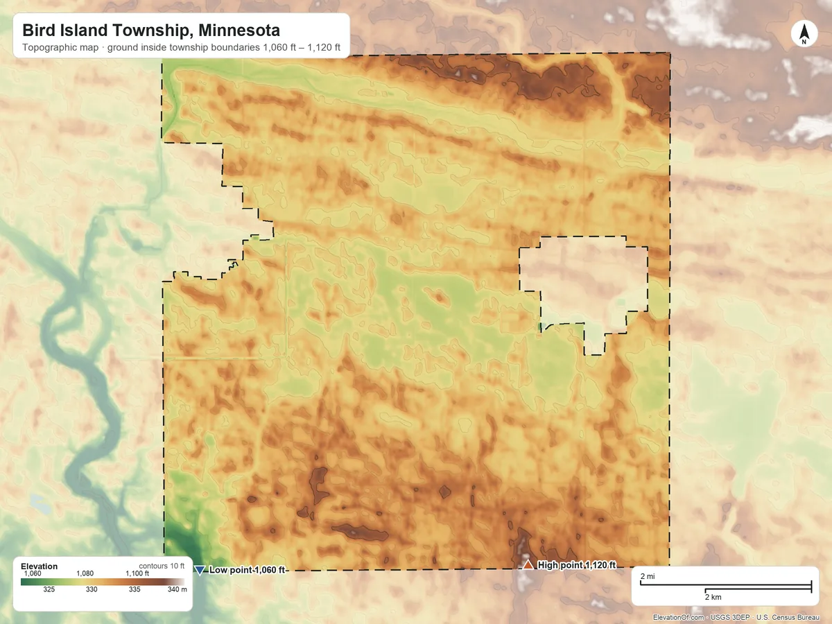Topographic elevation map of Bird Island Township, Minnesota, shaded from 1,060 ft on the southwest side to 1,120 ft on the south side