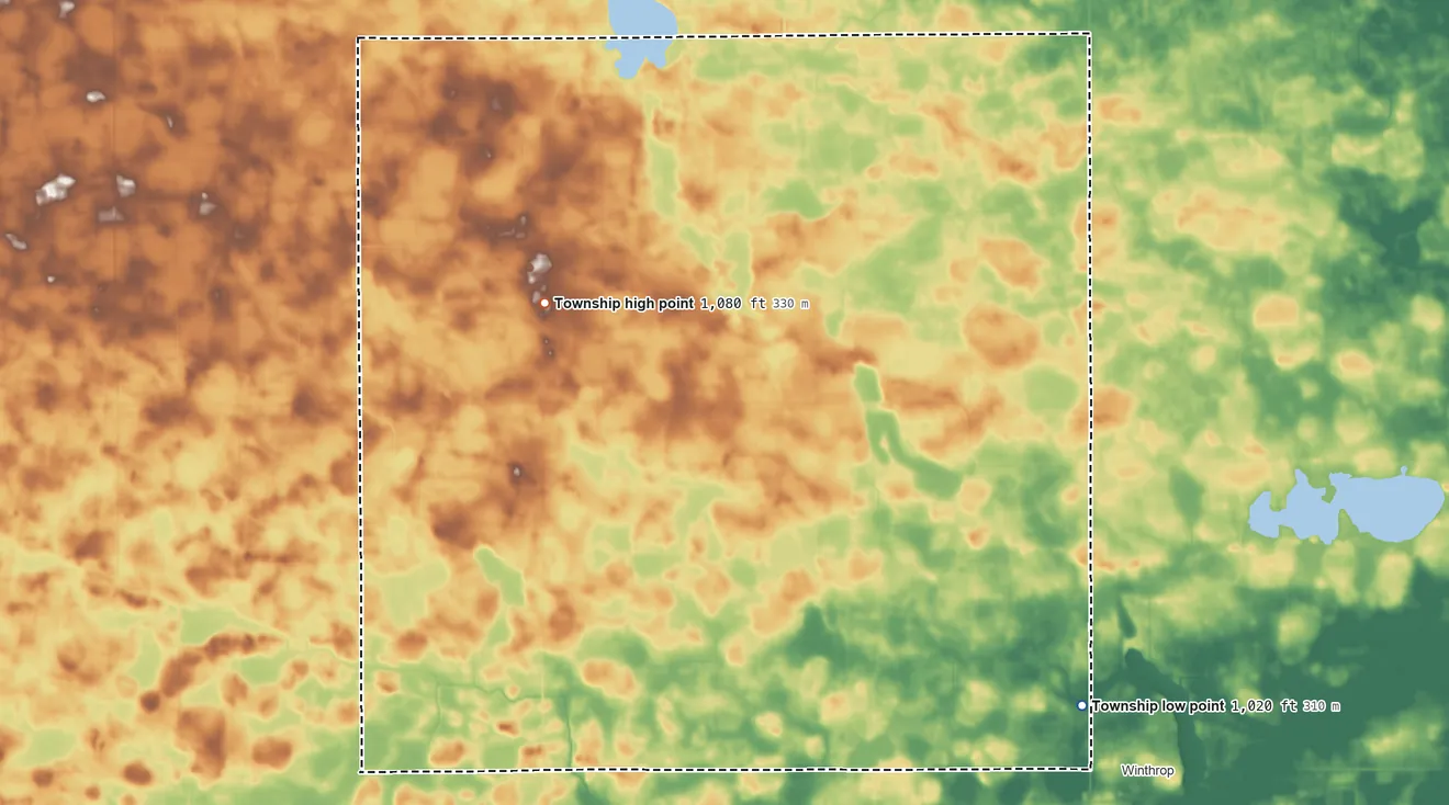 Topographic elevation map of Bismarck Township, Minnesota, shaded from 1,020 ft on the southeast side to 1,080 ft on the northwest side