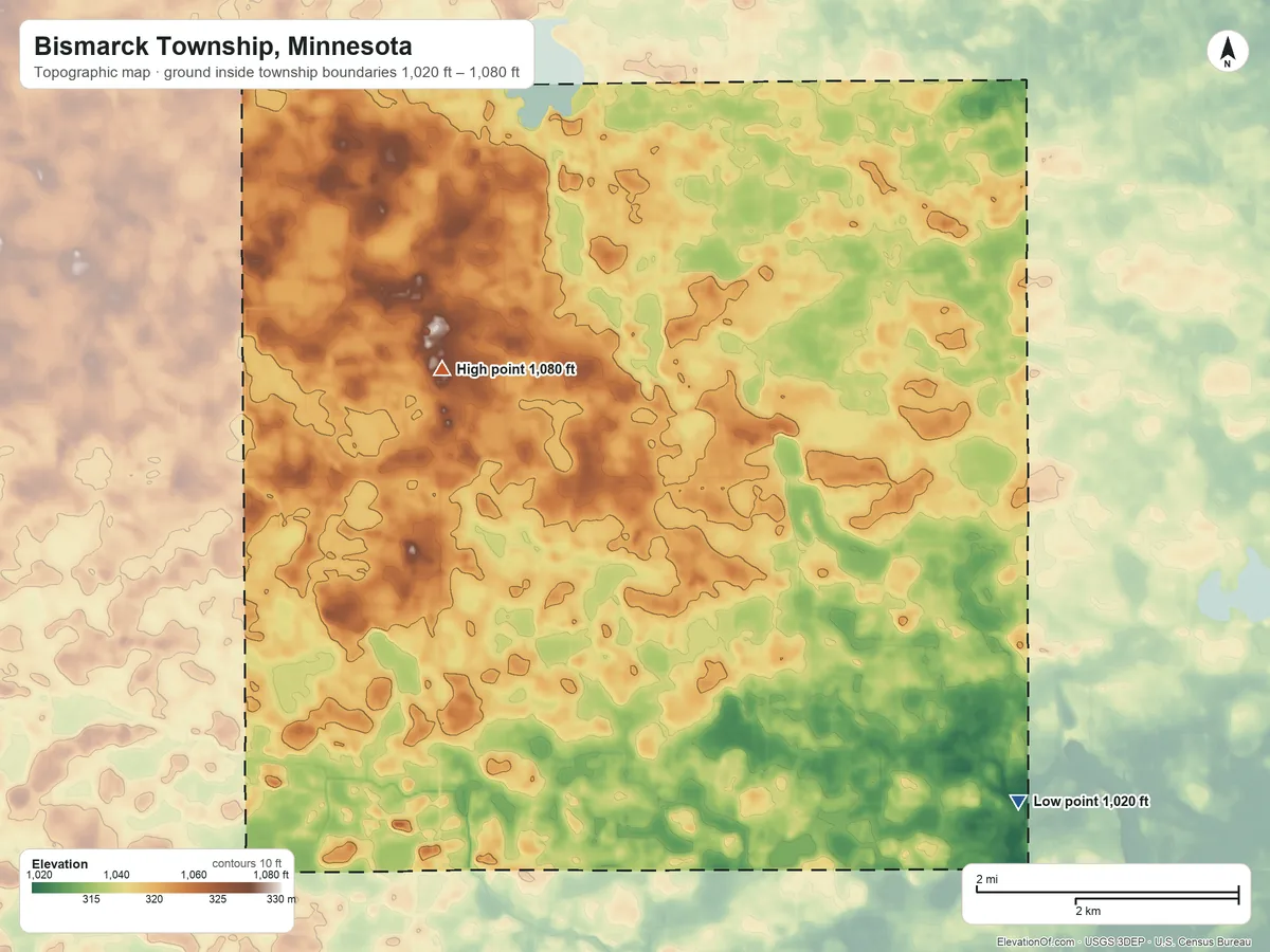 Topographic elevation map of Bismarck Township, Minnesota, shaded from 1,020 ft on the southeast side to 1,080 ft on the northwest side