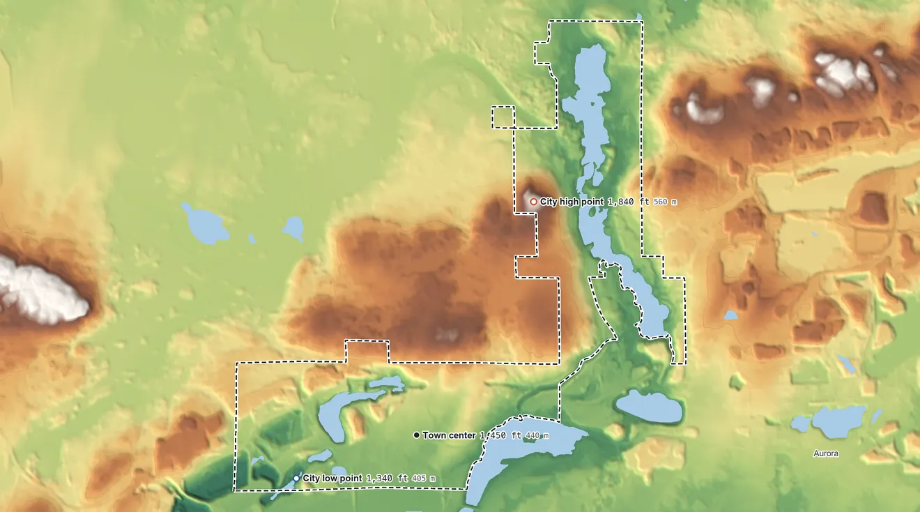 Topographic elevation map of Biwabik, Minnesota, shaded from 1,340 ft on the west side to 1,840 ft on the northeast side