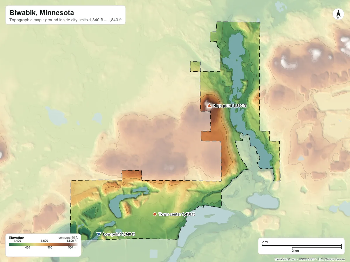 Topographic elevation map of Biwabik, Minnesota, shaded from 1,340 ft on the west side to 1,840 ft on the northeast side