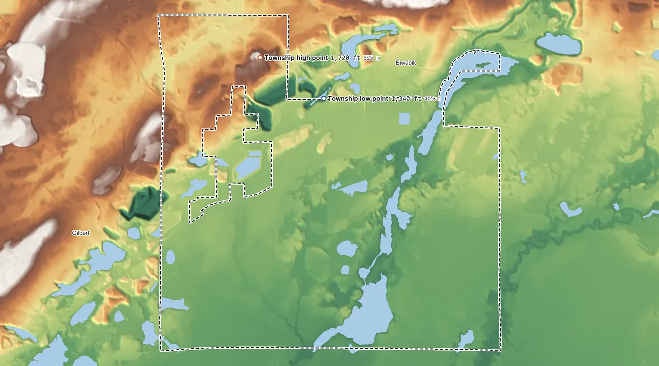 Topographic elevation map of Biwabik Township, Minnesota, shaded from 1,340 ft on the north side to 1,720 ft on the north side