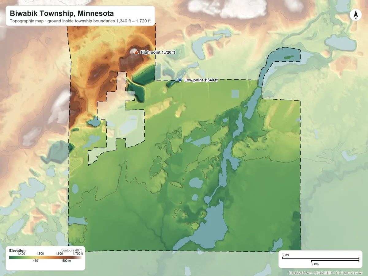 Topographic elevation map of Biwabik Township, Minnesota, shaded from 1,340 ft on the north side to 1,720 ft on the north side