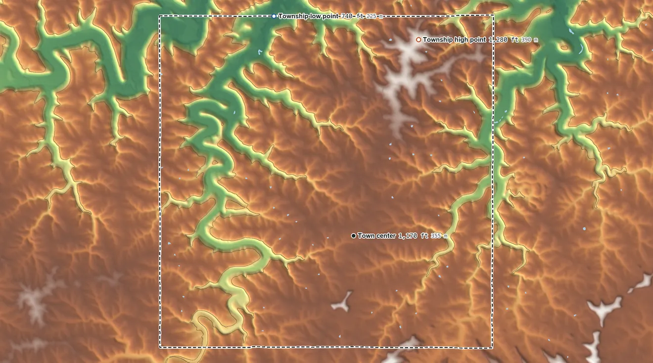 Topographic elevation map of Black Hammer Township, Minnesota, shaded from 740 ft on the north side to 1,280 ft on the north side