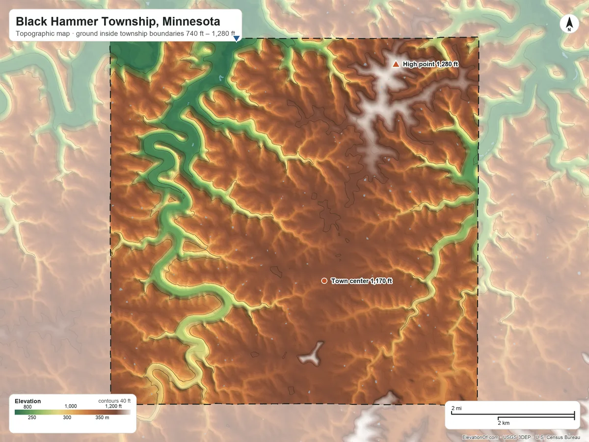 Topographic elevation map of Black Hammer Township, Minnesota, shaded from 740 ft on the north side to 1,280 ft on the north side