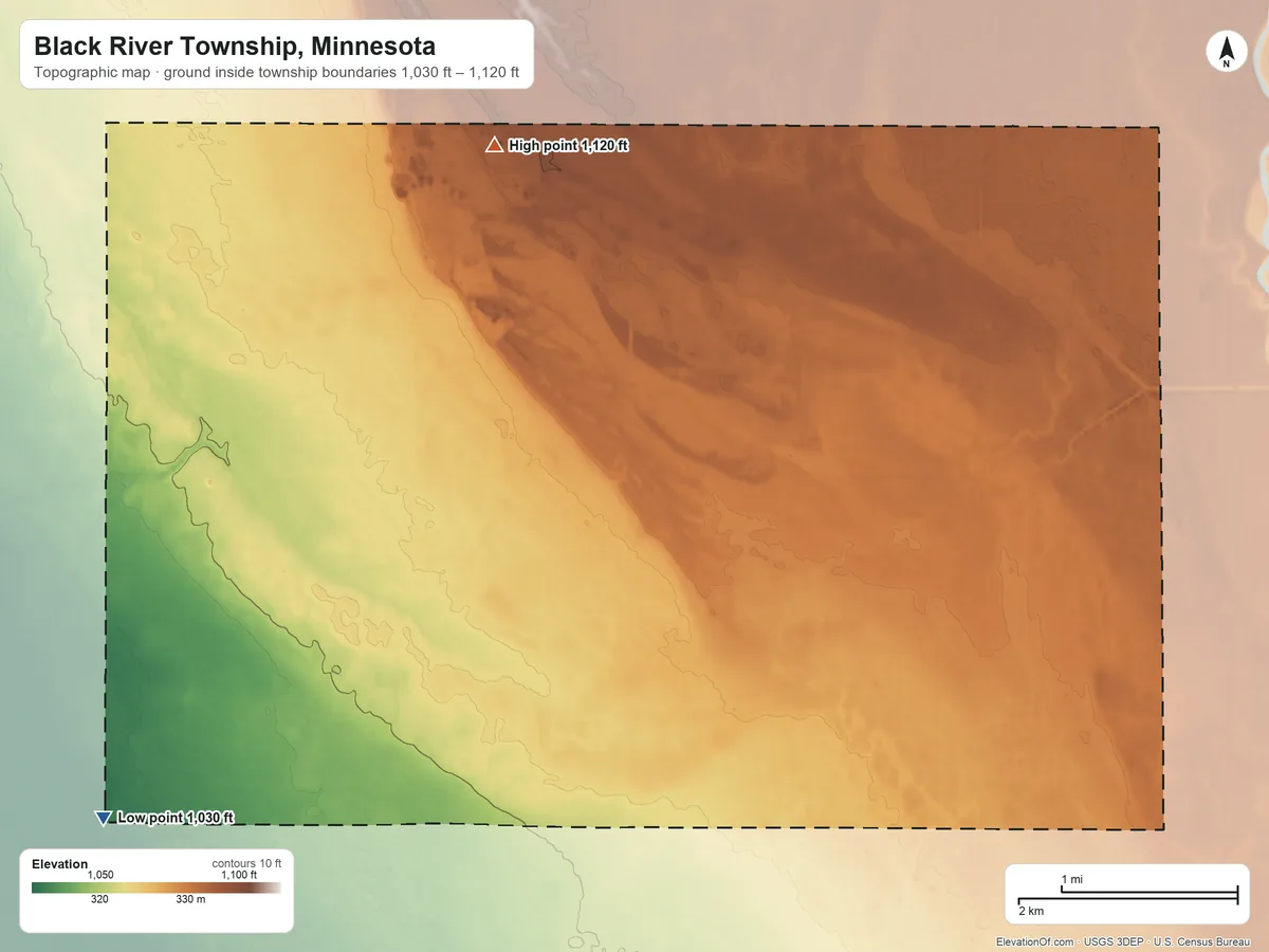 Topographic elevation map of Black River Township, Minnesota, shaded from 1,030 ft on the southwest side to 1,120 ft on the north side