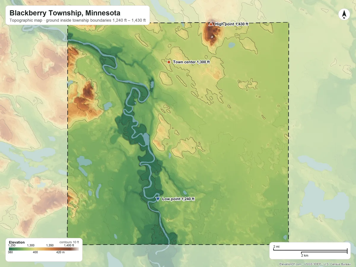 Topographic elevation map of Blackberry Township, Minnesota, shaded from 1,240 ft on the south side to 1,430 ft on the northeast side