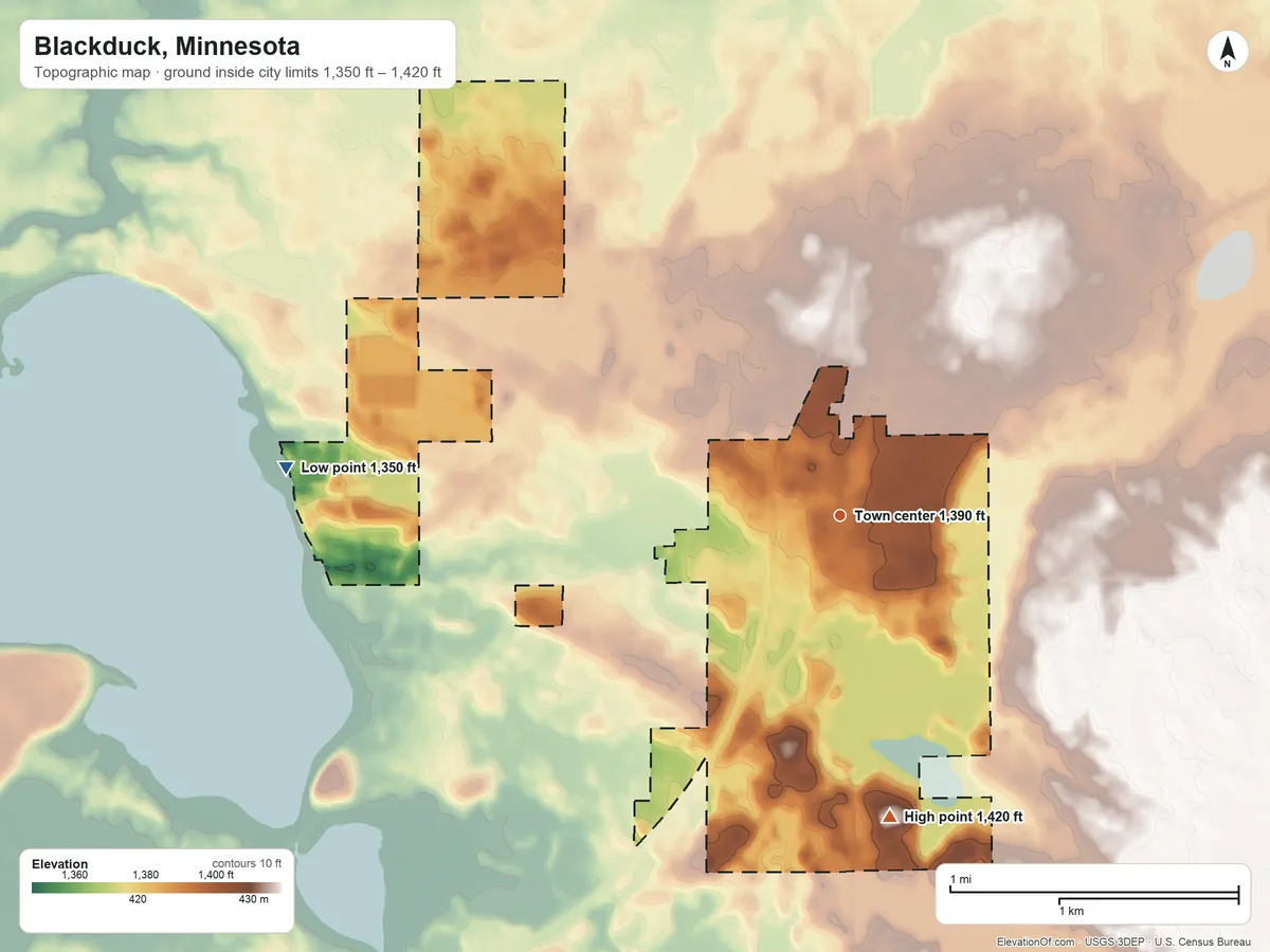 Topographic elevation map of Blackduck, Minnesota, shaded from 1,350 ft on the west side to 1,420 ft on the south side