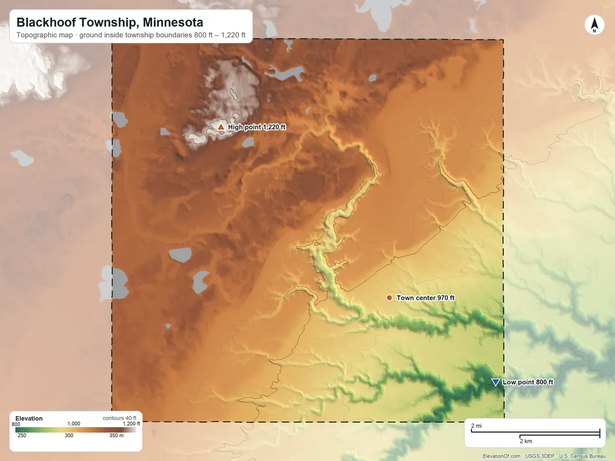Topographic elevation map of Blackhoof Township, Minnesota, shaded from 800 ft on the southeast side to 1,220 ft on the northwest side