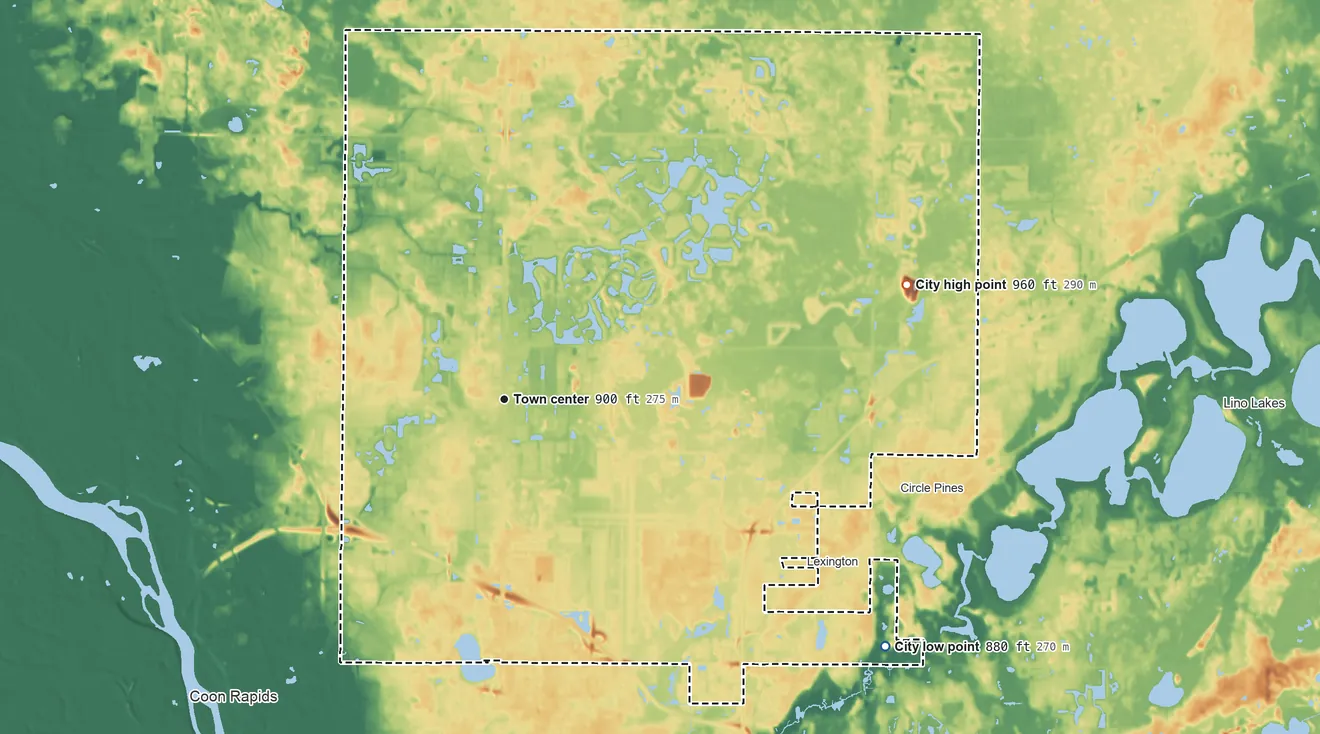Topographic elevation map of Blaine, Minnesota, shaded from 880 ft on the southeast side to 960 ft on the east side