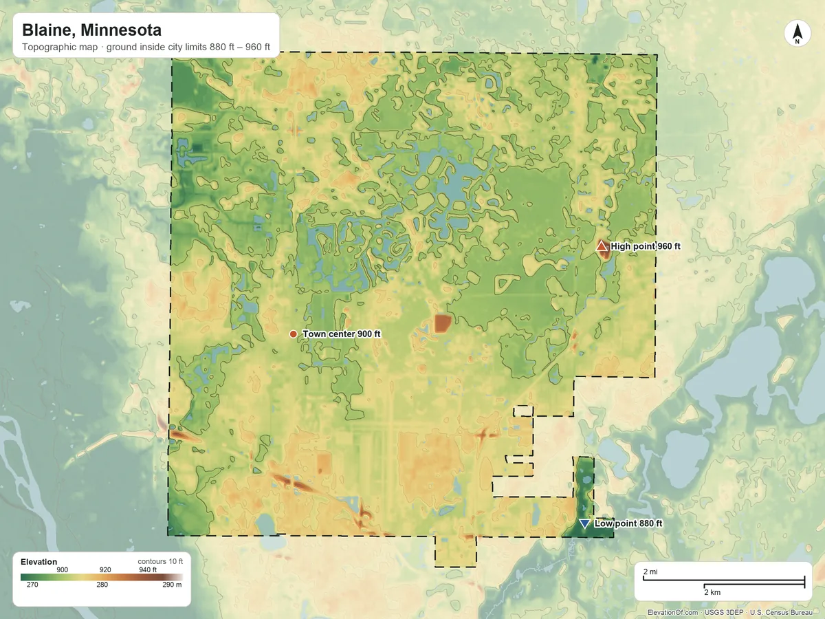 Topographic elevation map of Blaine, Minnesota, shaded from 880 ft on the southeast side to 960 ft on the east side