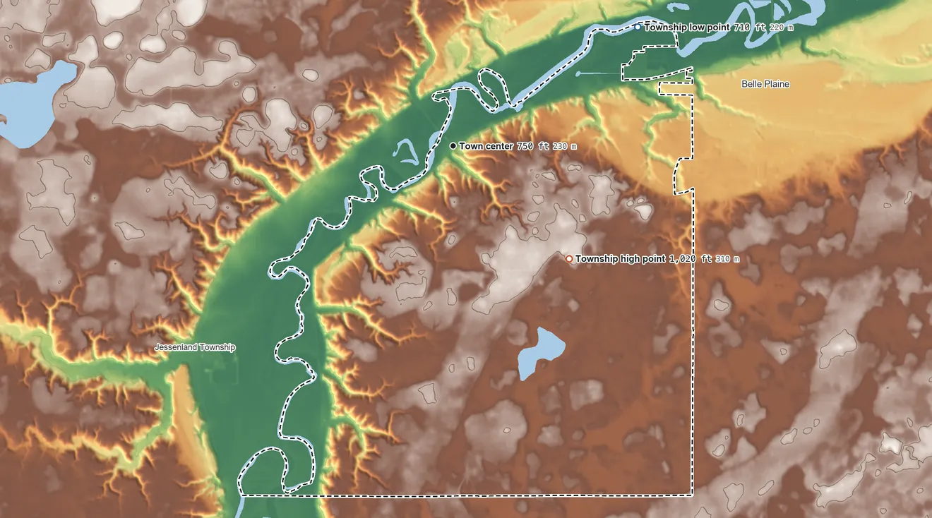 Topographic elevation map of Blakeley Township, Minnesota, shaded from 710 ft on the northeast side to 1,020 ft on the southeast side