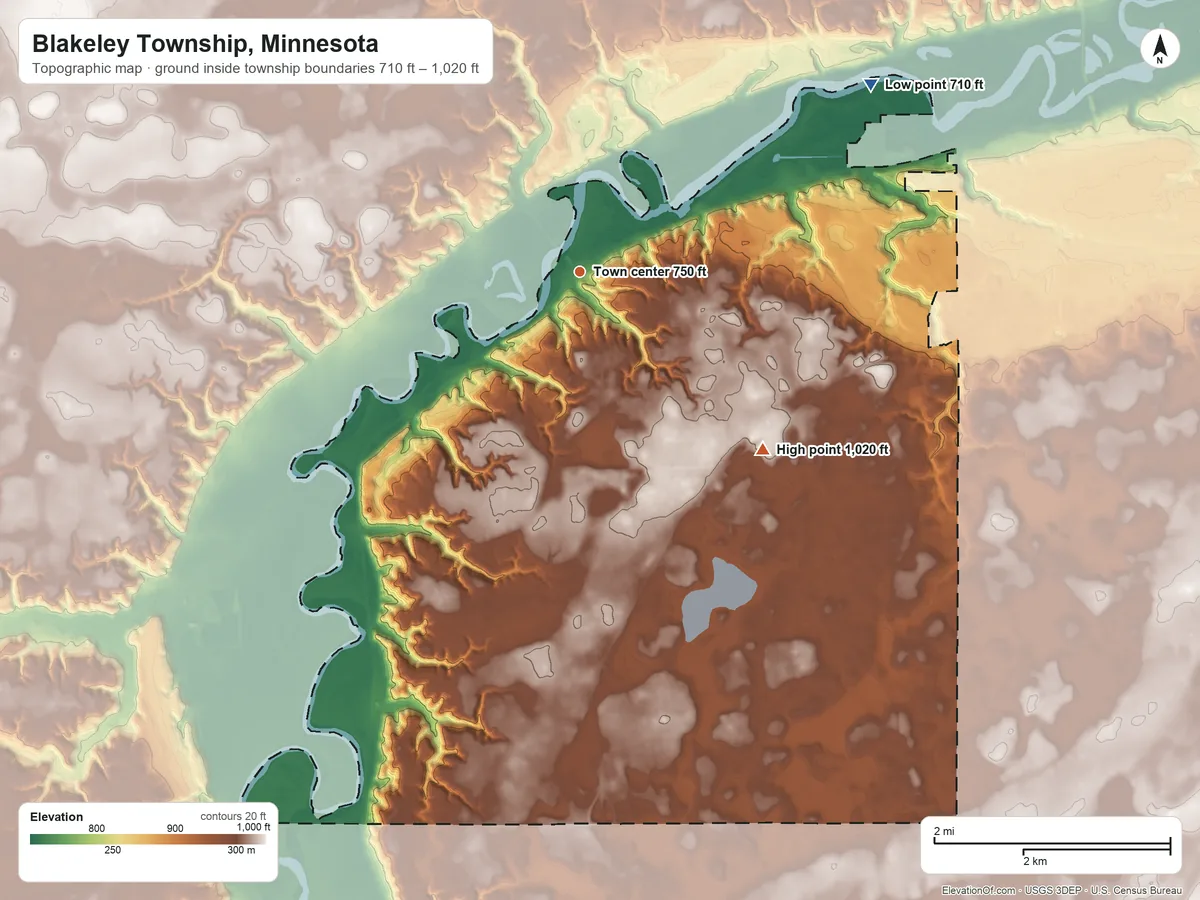 Topographic elevation map of Blakeley Township, Minnesota, shaded from 710 ft on the northeast side to 1,020 ft on the southeast side